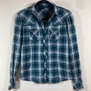 Vtg Gap Plaid Button Up Top Women's M Tall Green/Blue Ruffle Detail Western FLAW